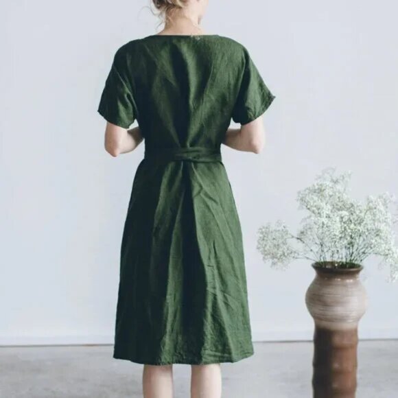 Linenfox Mimosa Linen Wrap Dress Green Pockets Timeless Ethical Sz S/M B18 - Picture 4 of 9